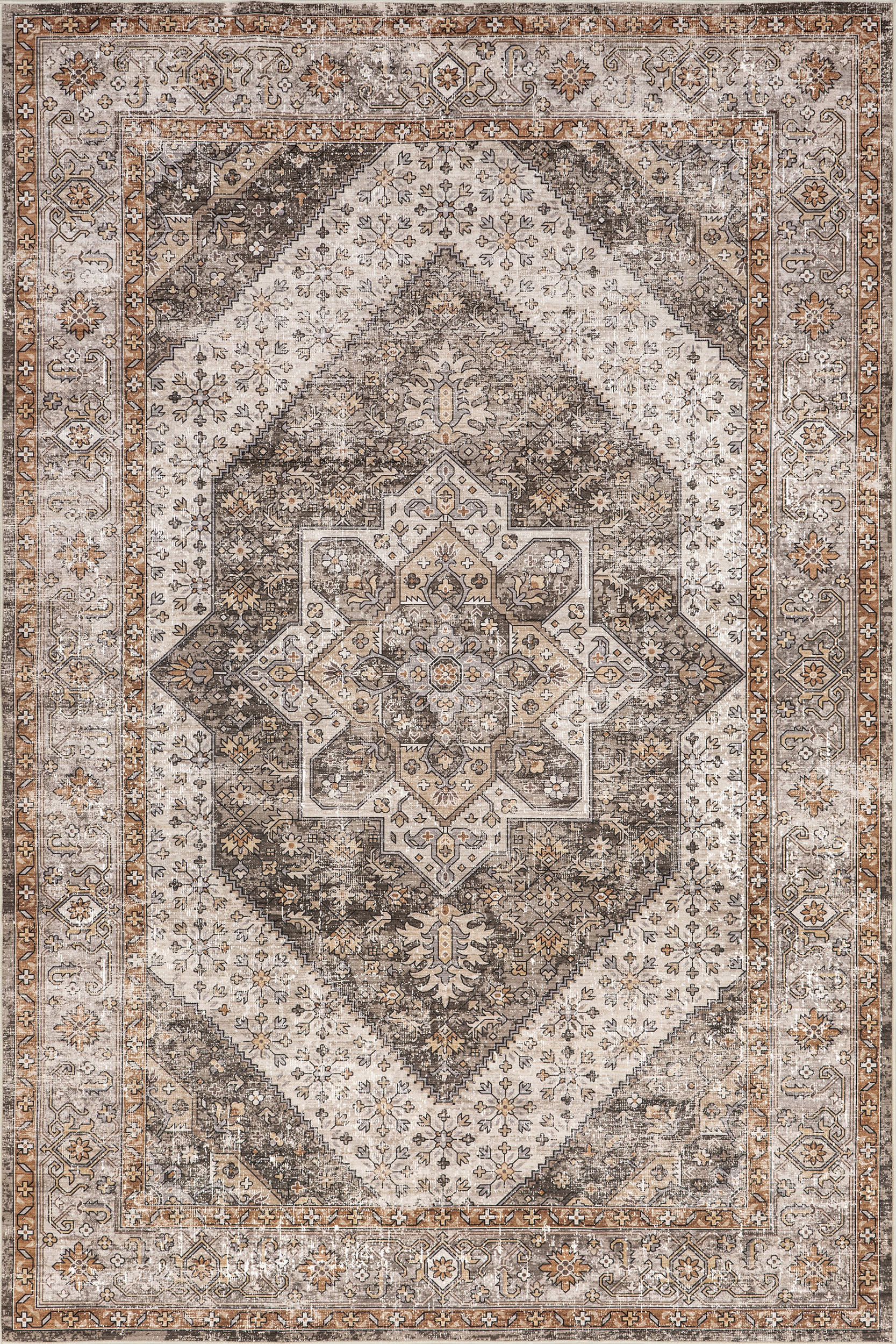 Mandi Vintage Floral Spill Proof Washable Rug | Brown
